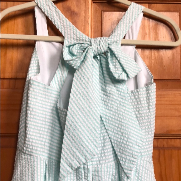 Girls Size 16 Rare Editions Seersucker Blue Striped Lined Sleeveless Dress Bow - Picture 10 of 10